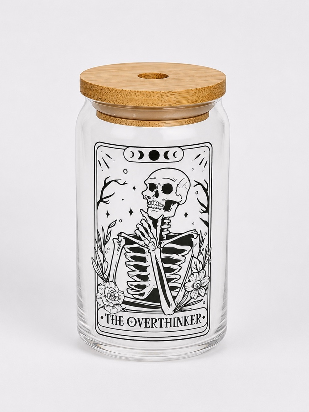 The Overthinker Tarot 16oz Libby Can Glass Tumbler with Bamboo Lid